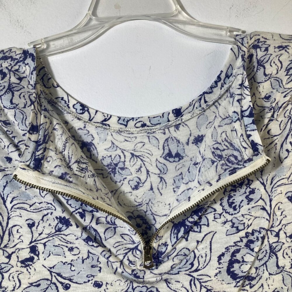 Womens Lucky Brand Cap Sleeve Floral Top Blue White S Cotton Modal Back Zip - Picture 6 of 8
